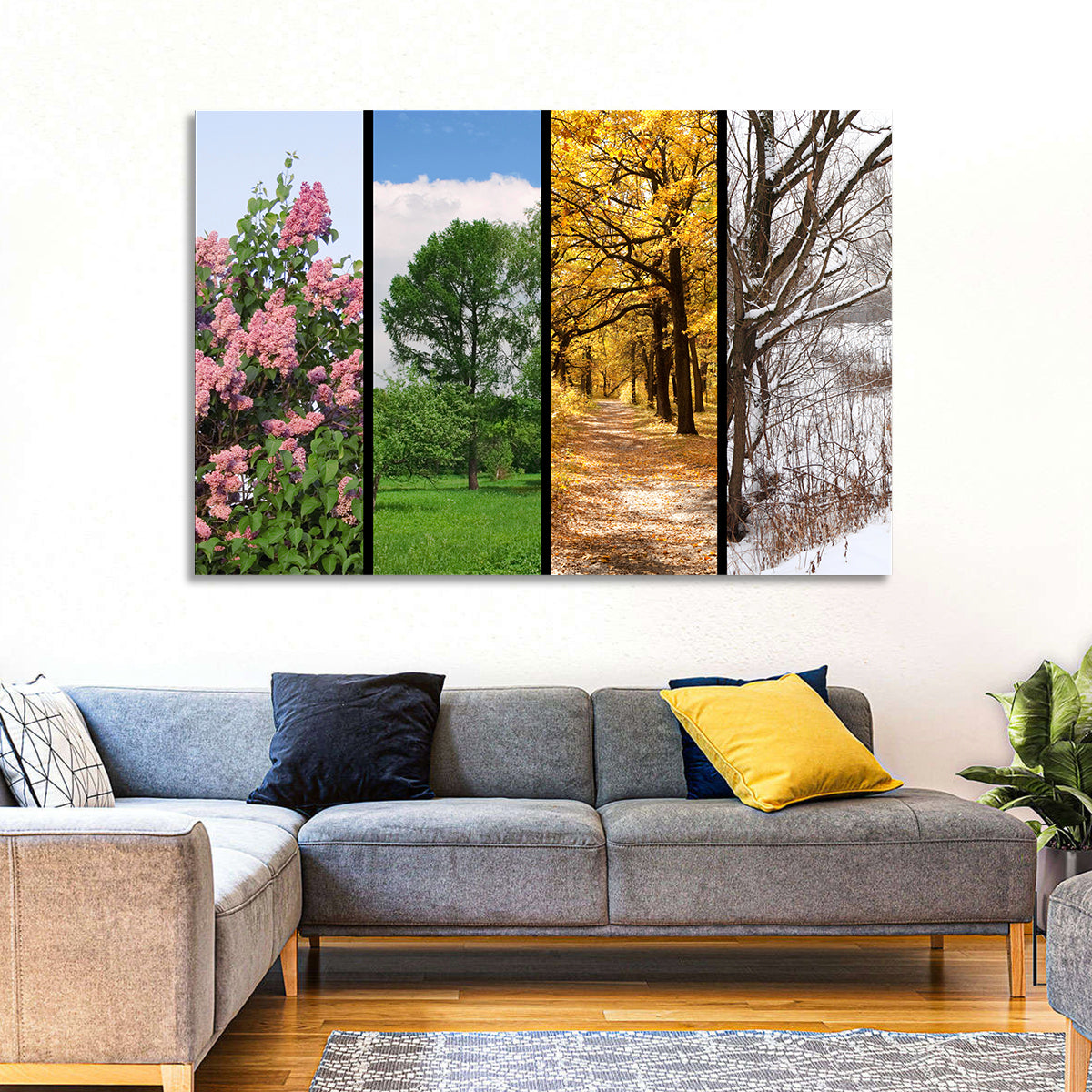 Four Seasons Tree Collage Wall Art in a room, landscape