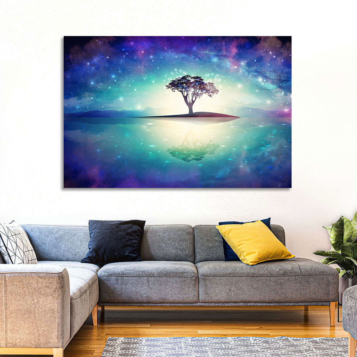Glowing Island Tree Under Starry Nebula Wall Art in a room, landscape
