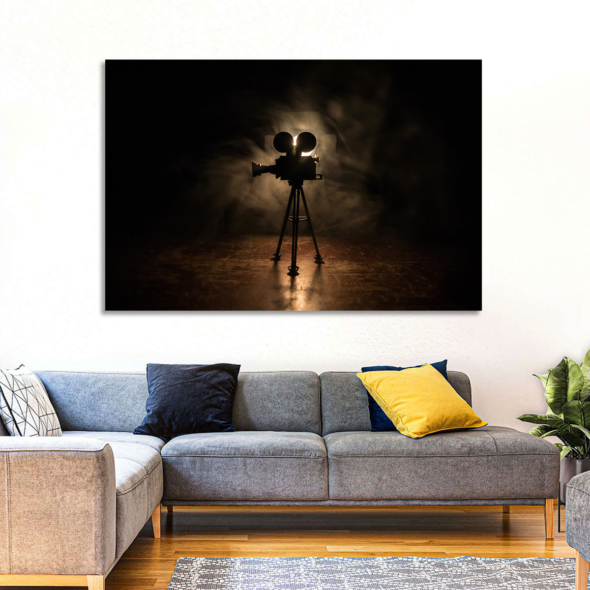 Backlit Vintage Movie Camera Wall Art in a room, landscape