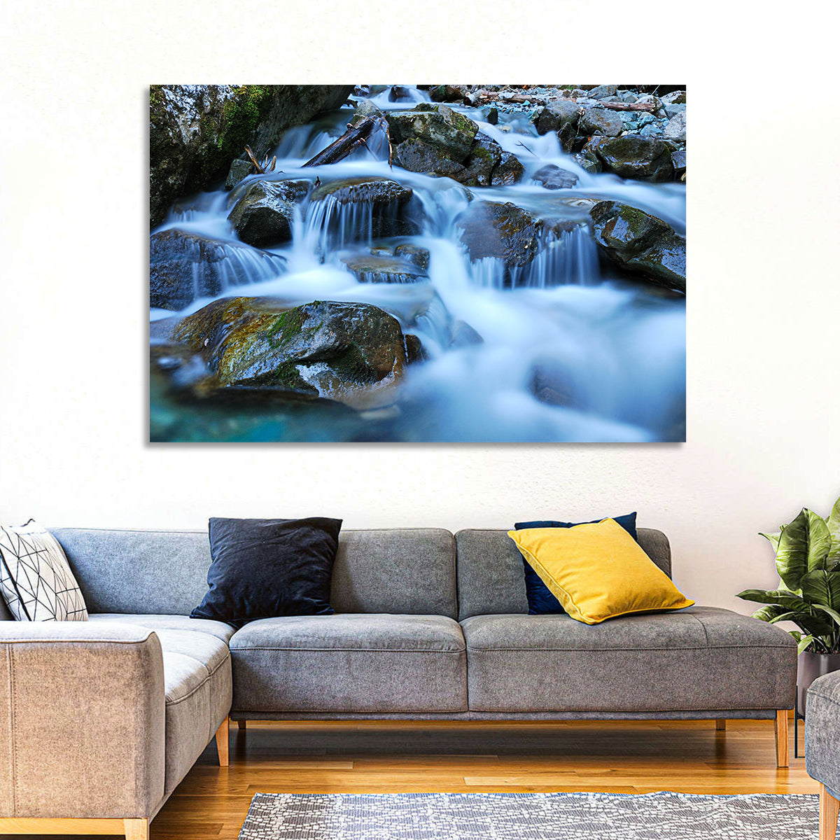 Mossy Rock Stream with Silky Waterfall Wall Art in a room, landscape