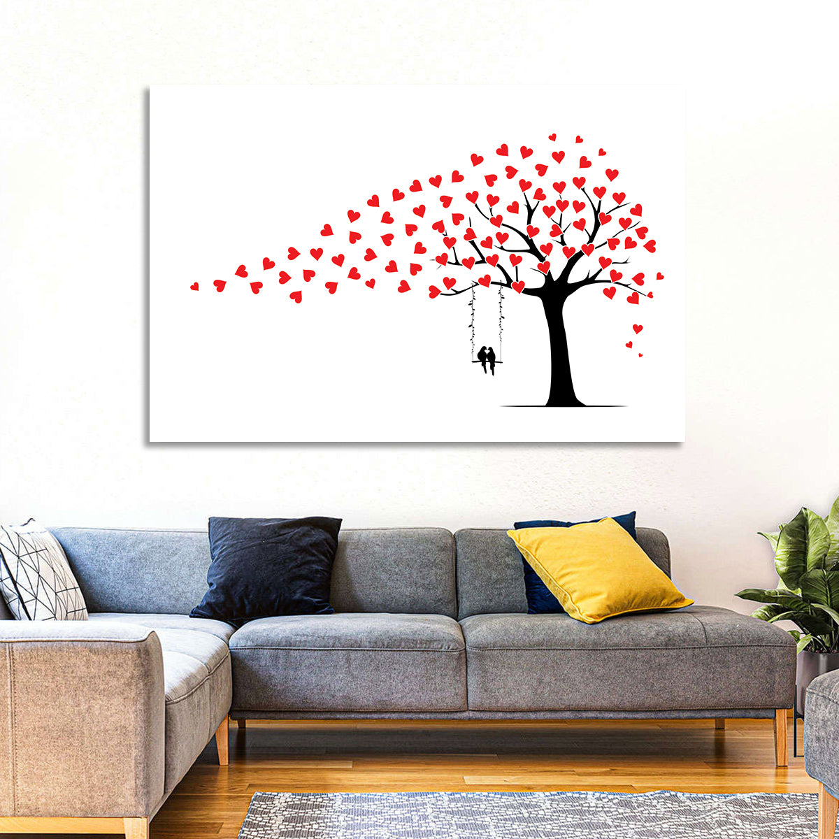 Heart Leaf Tree Silhouette Wall Art in a room, landscape