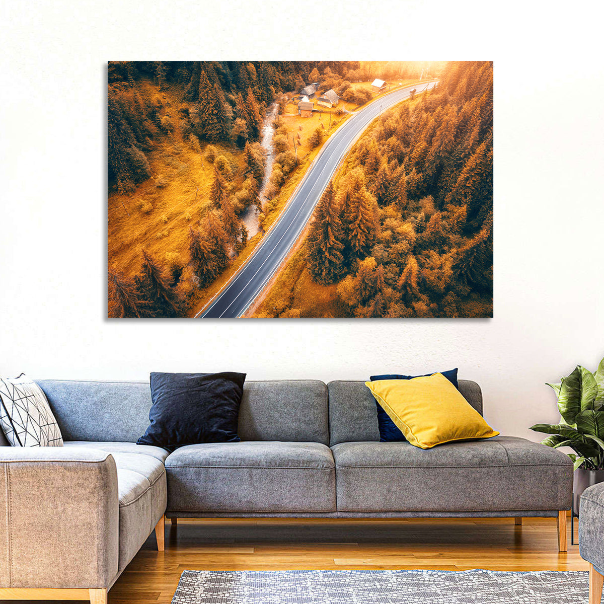 Carpathian Autumn Road Wall Art in a room, landscape