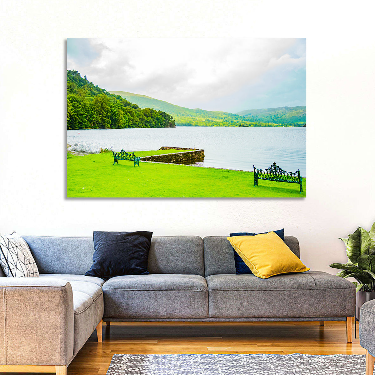 Ullswater Lakeside Benches Wall Art in a room, landscape