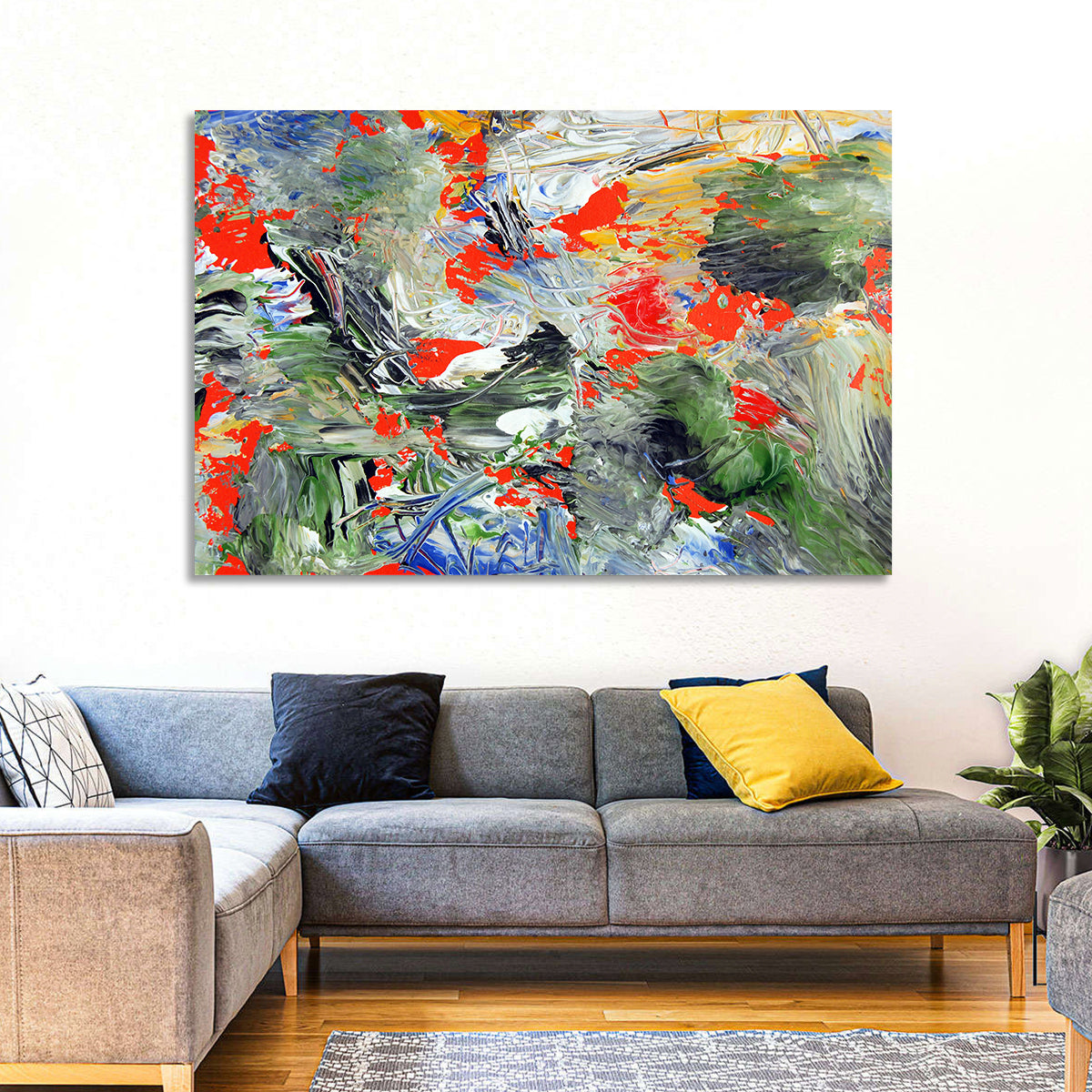 Melting Green Impasto Abstract Wall Art in a room, landscape