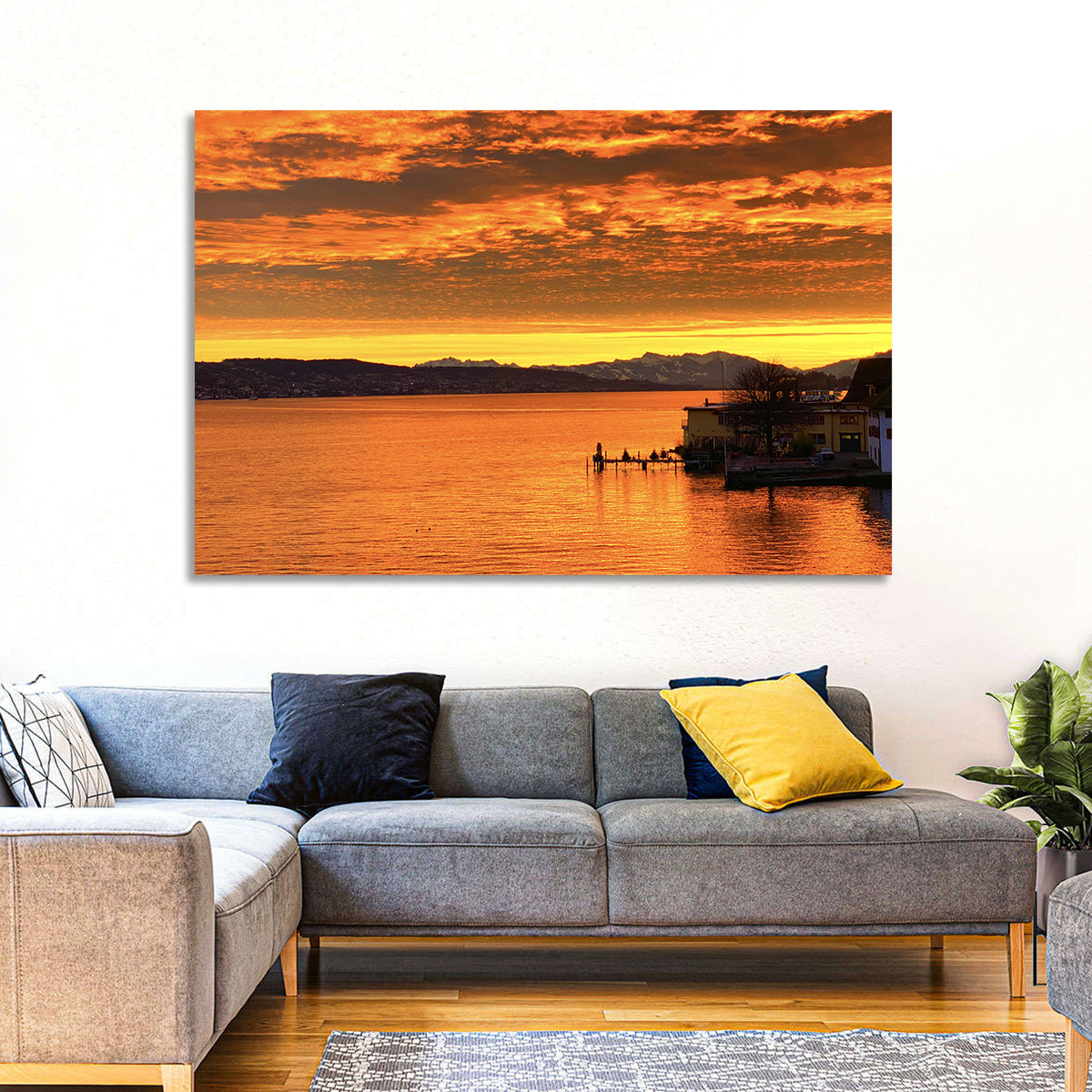 Lake Zurich Golden Sunset Wall Art in a room, landscape