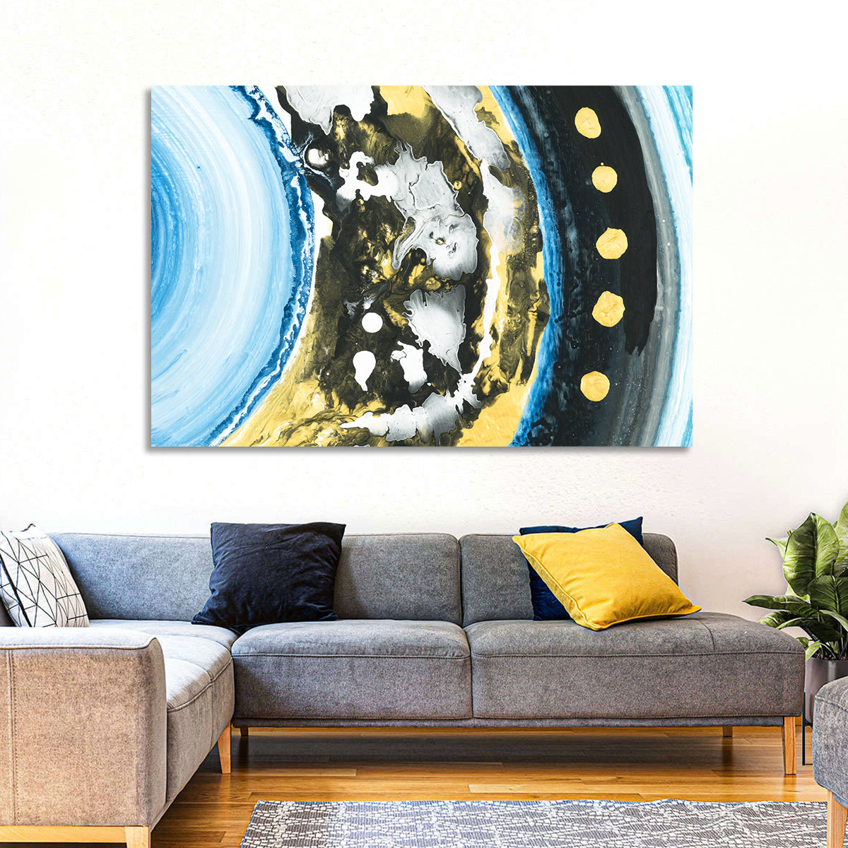 Planet Rings in Blue and Gold Wall Art in a room, landscape