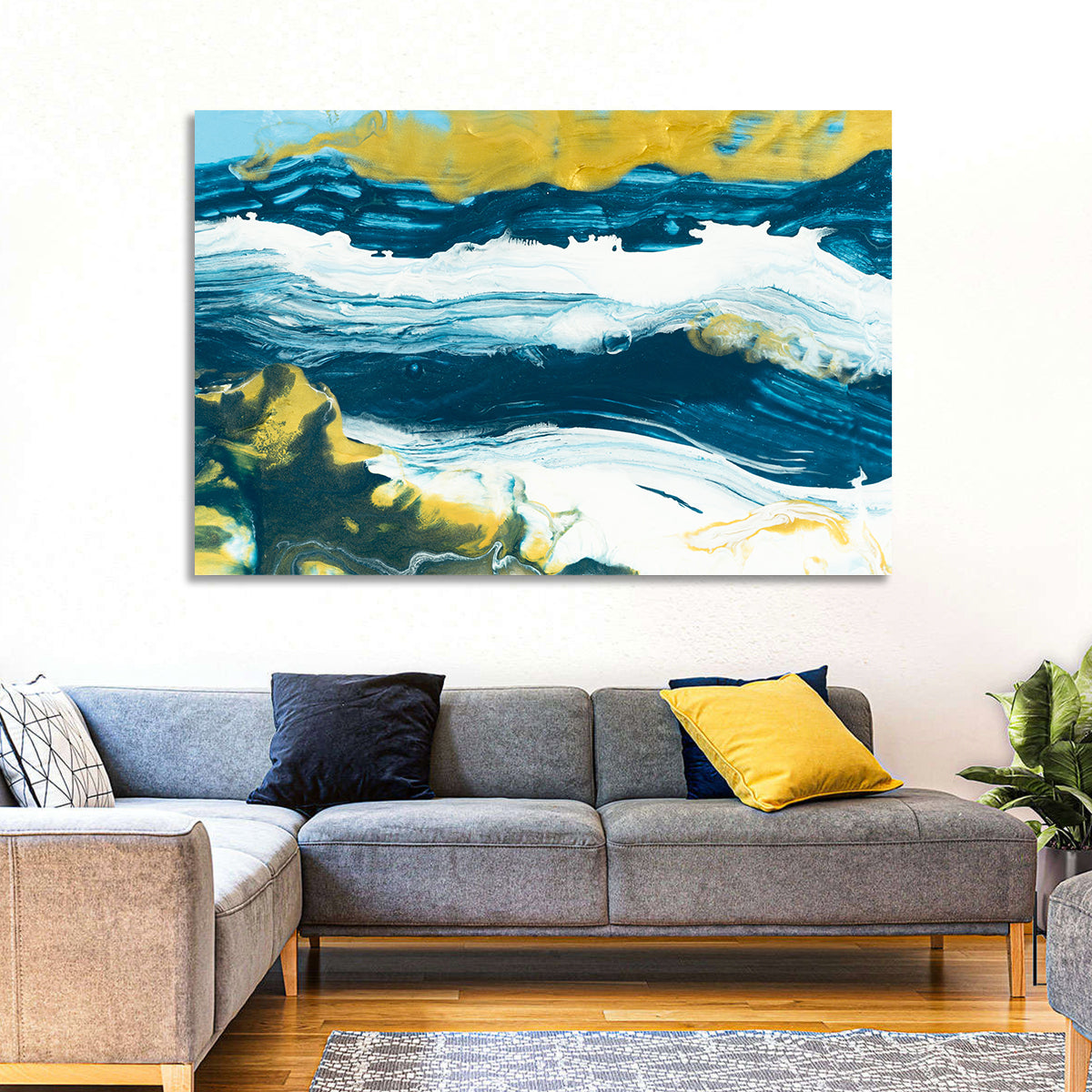 Flowing Streams with Gold Accents Wall Art in a room, landscape