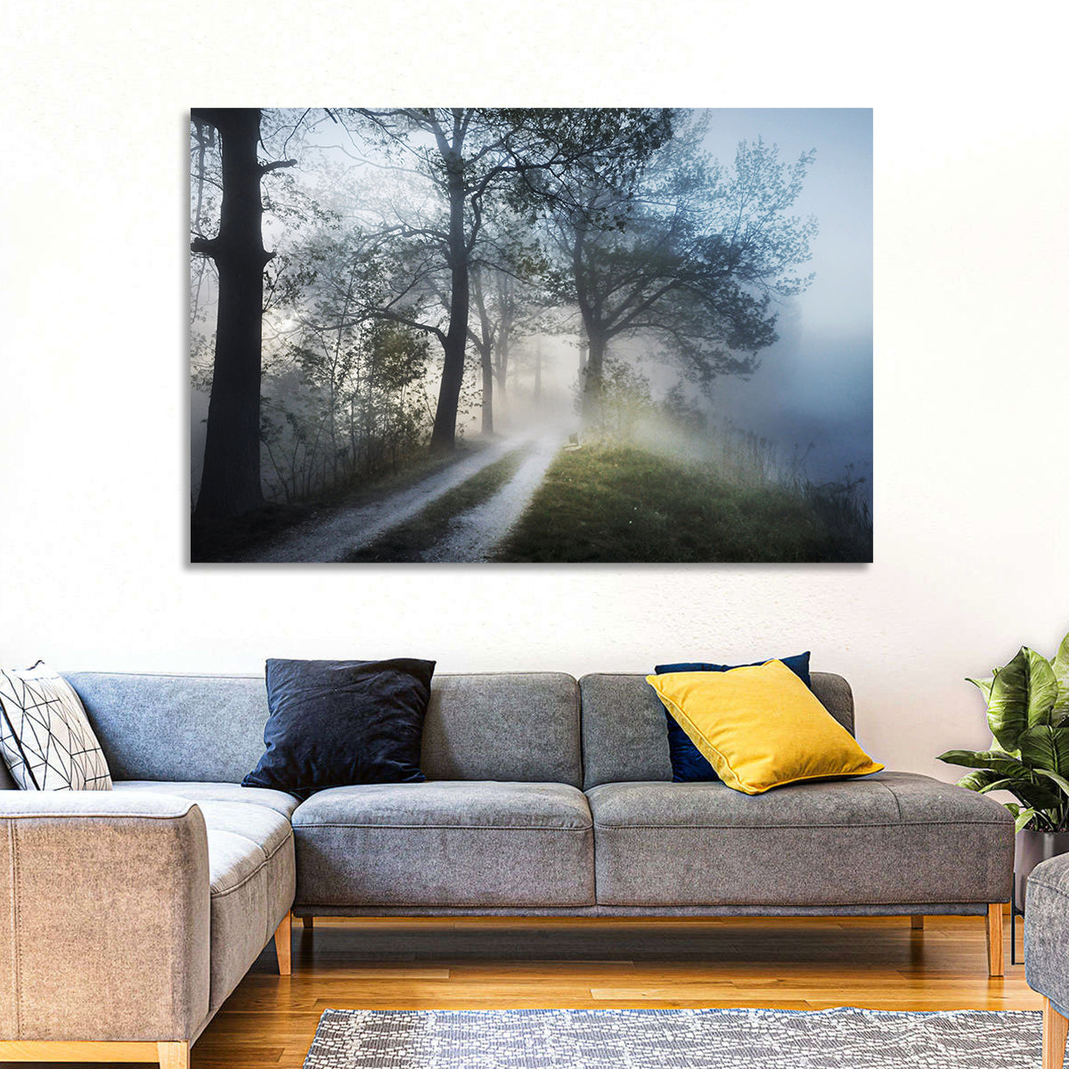 Foggy Forest Path Wall Art in a room, landscape