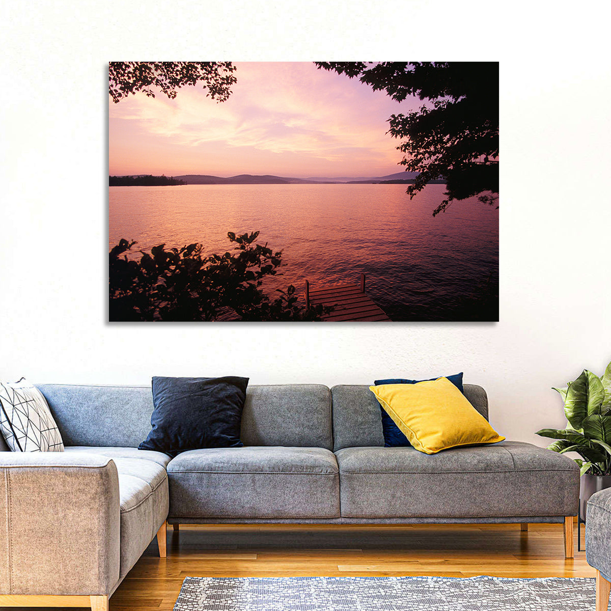 Lake Winnipesaukee Sunset Wall Art in a room, landscape
