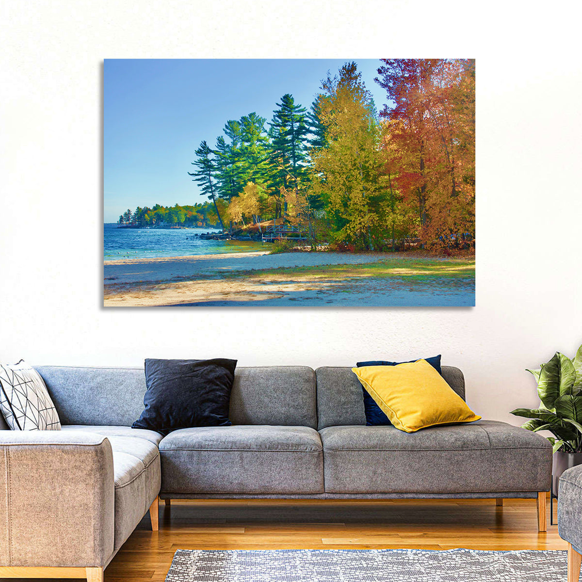 Sebago Lake Pier in Autumn Wall Art in a room, landscape