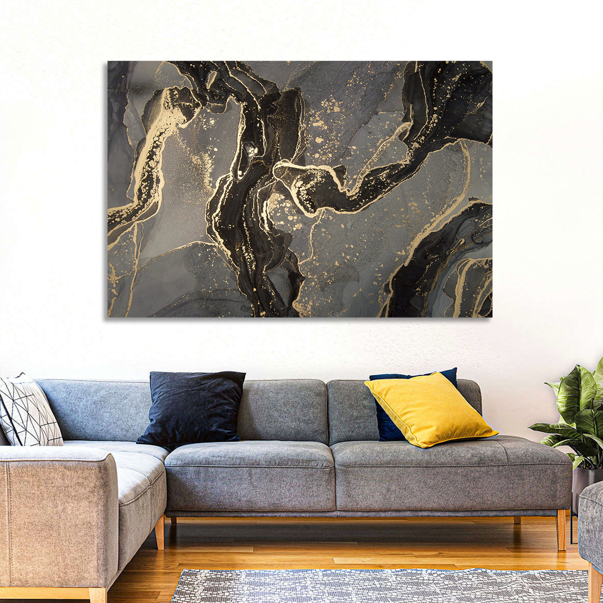 Black and Gold Marbled Abstract Wall Art in a room, landscape
