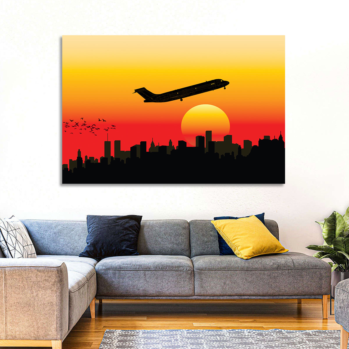 Airplane Over Sunset Skyline Wall Art in a room, landscape