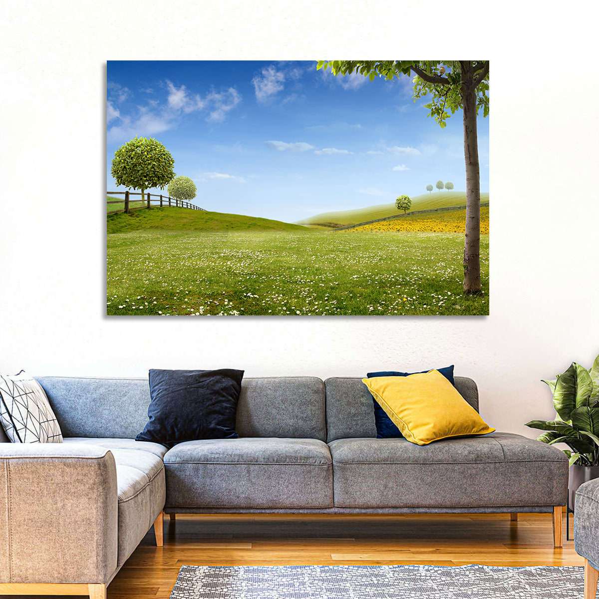 Green Sunflower Fields Wall Art in a room, landscape