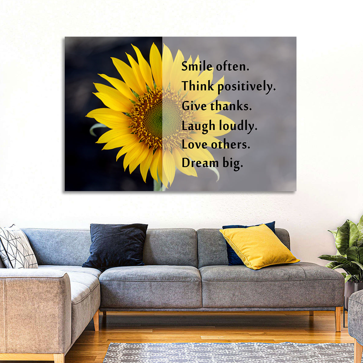 Sunflower Smile Typography Wall Art in a room, landscape