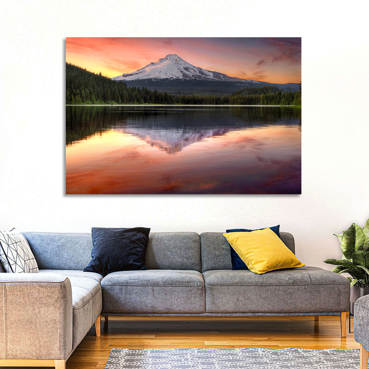 Mount Hood Reflected at Trillium Lake Wall Art in a room, landscape