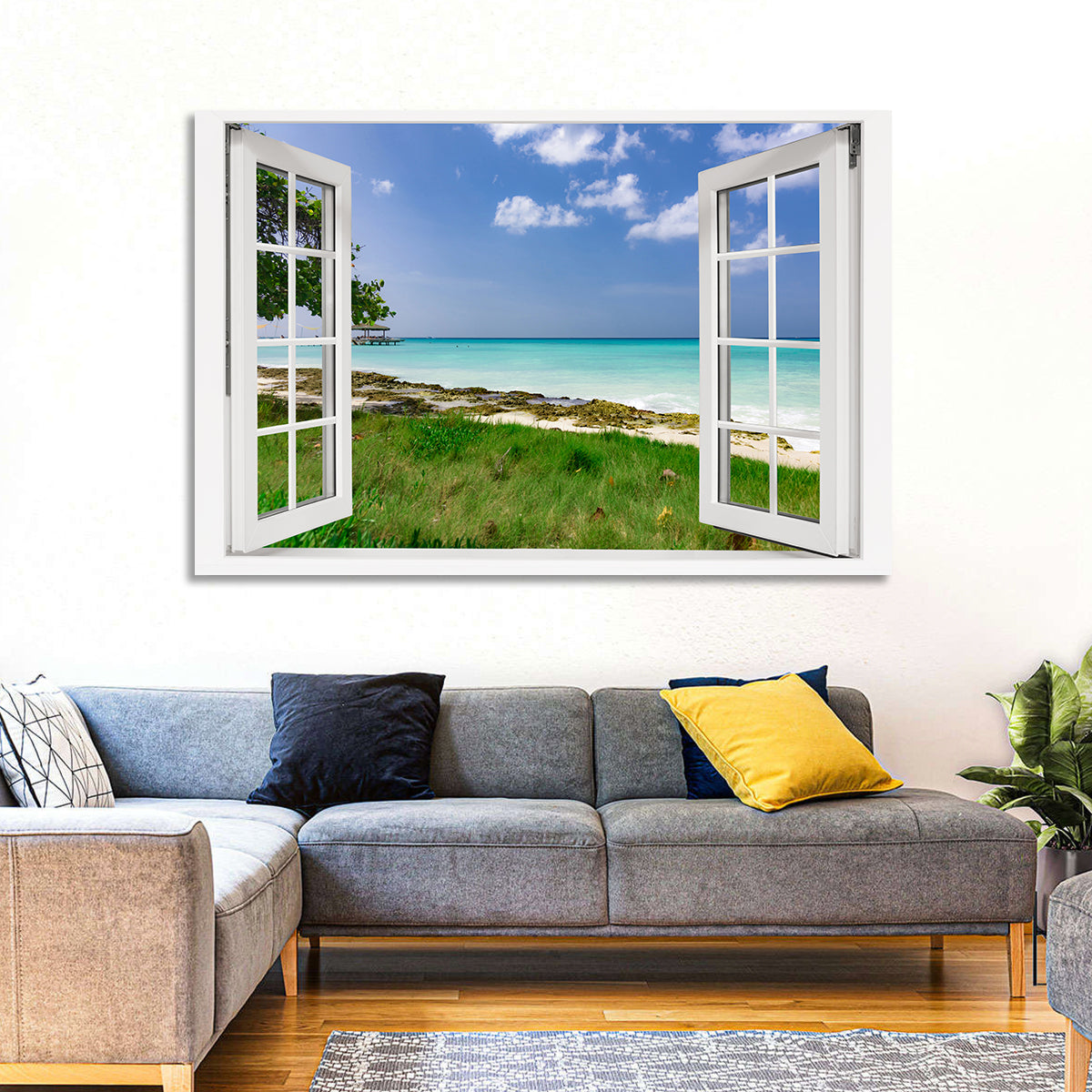 Gazebo on Pier Over Turquoise Ocean Wall Art in a room, landscape
