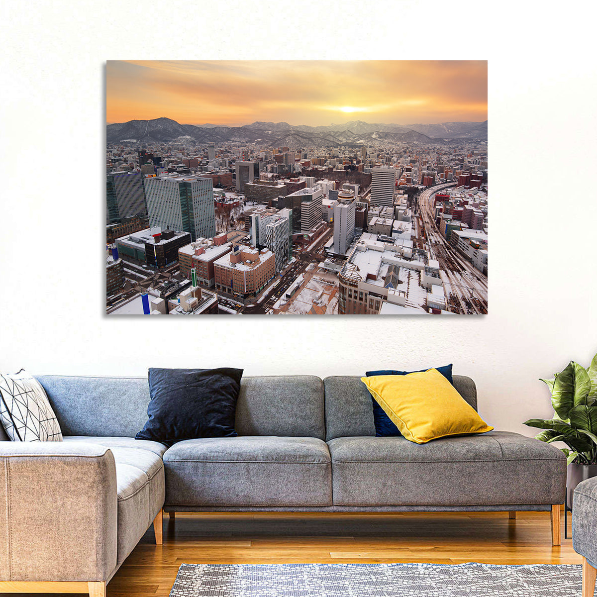 Sapporo Station Skyline at Golden Hour Wall Art in a room, landscape