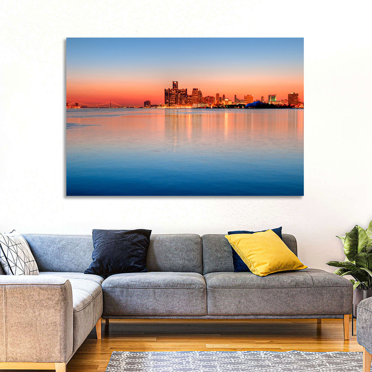 Detroit Golden Hour Skyline Wall Art in a room, landscape