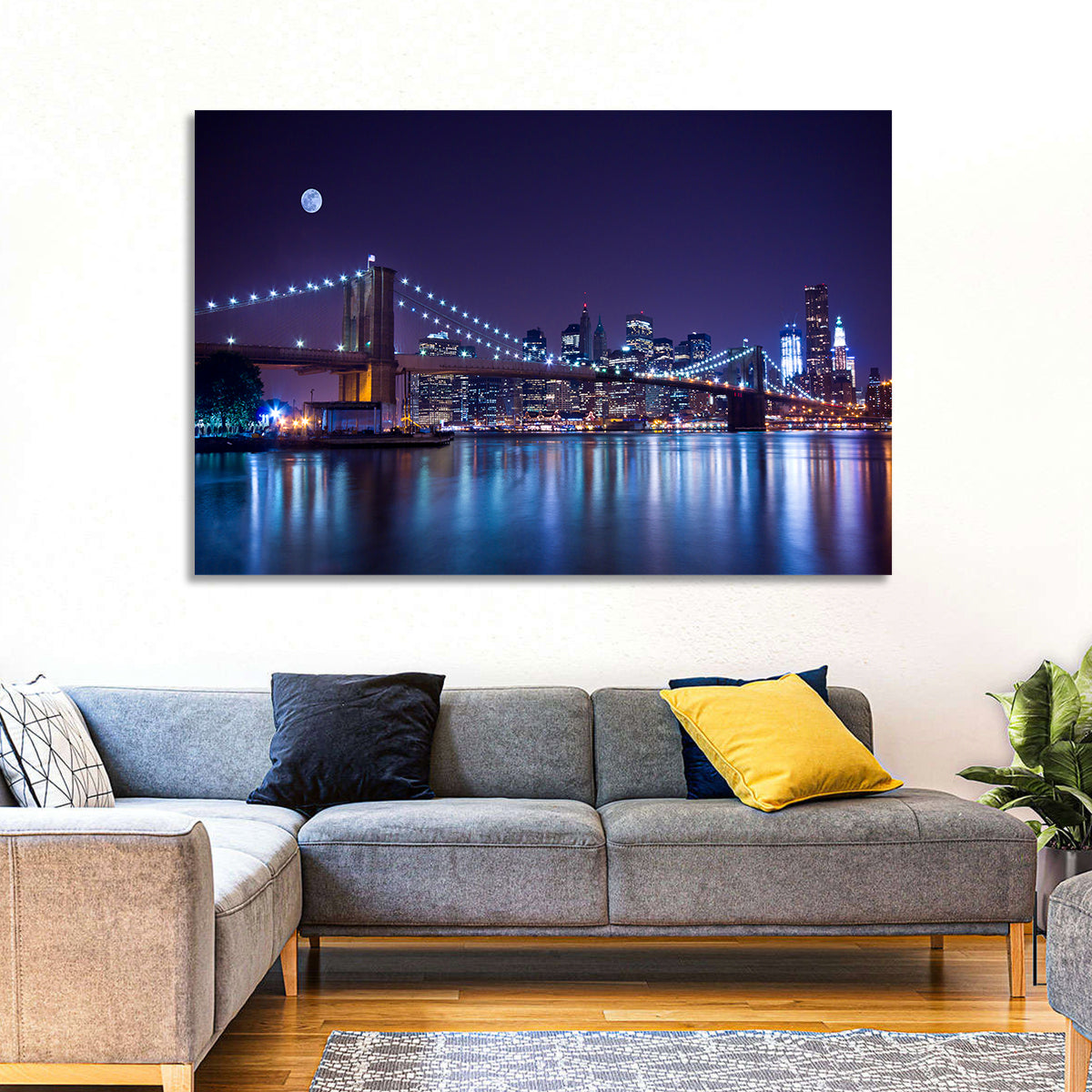 Brooklyn Bridge Moonlit Reflections Wall Art in a room, landscape