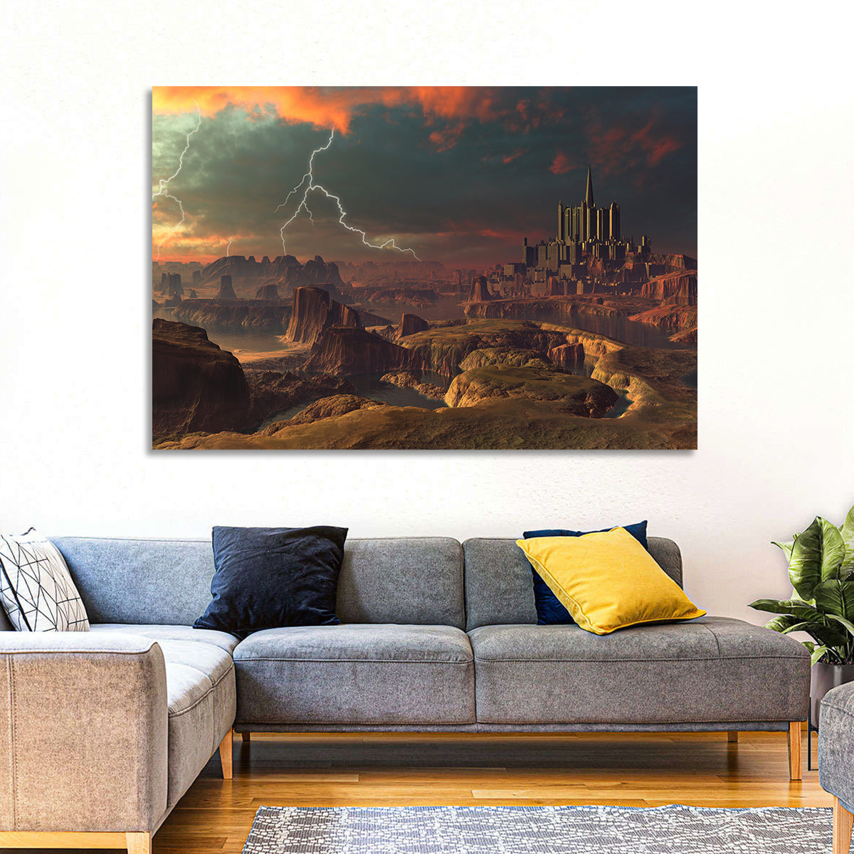Dusk Storm Over Alien Fortress Wall Art in a room, landscape