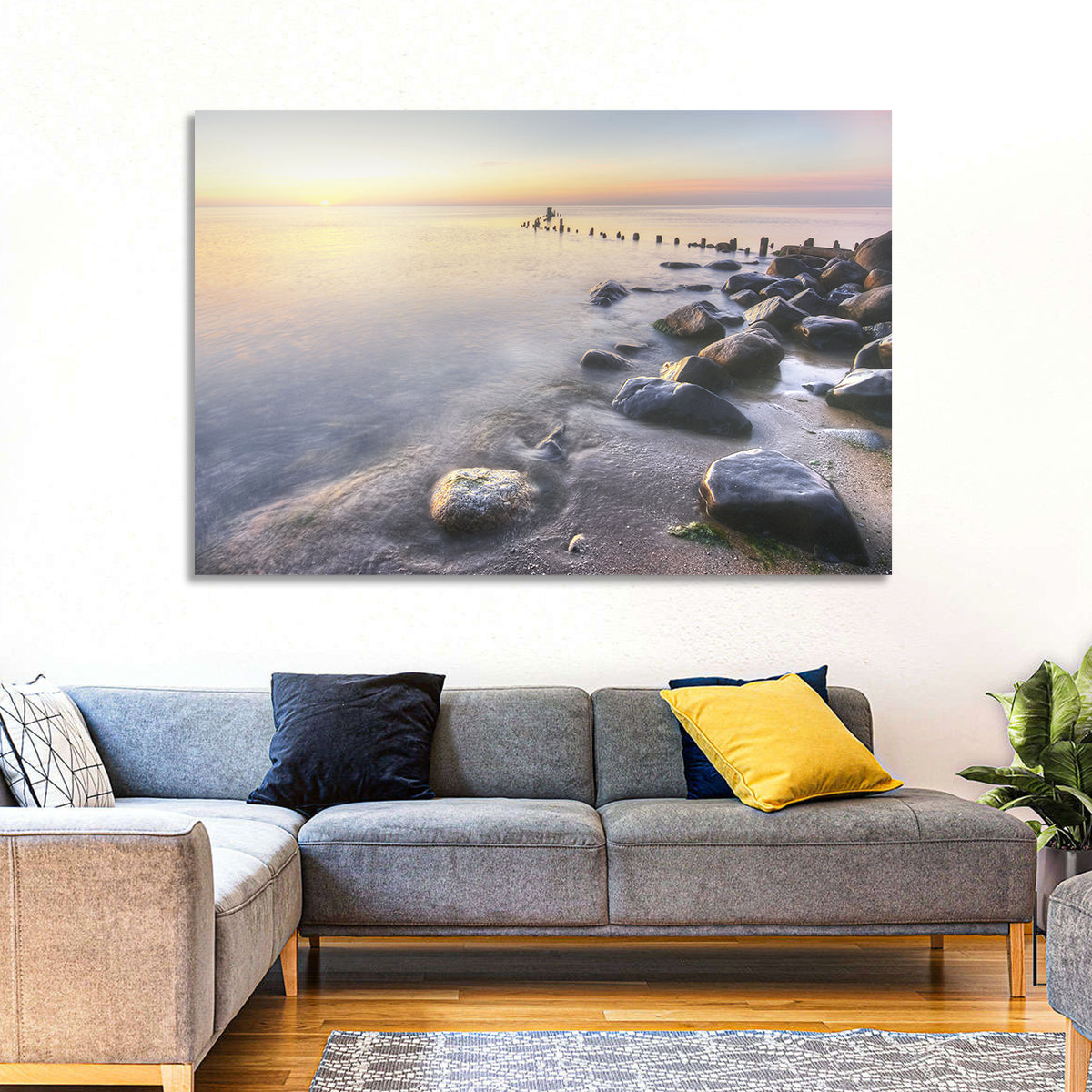 Michigan Shoreline Pilings Wall Art in a room, landscape