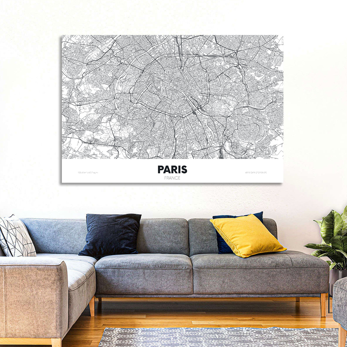 Paris Aerial Map Wall Art in a room, landscape