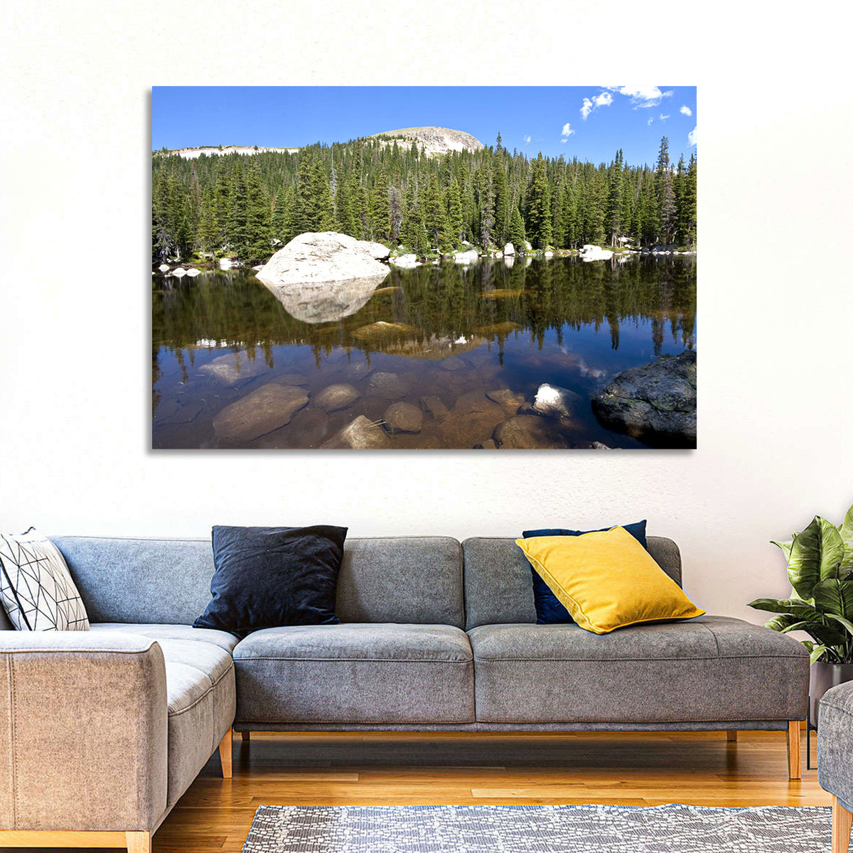 Colorado Forest Lake Reflection Wall Art in a room, landscape