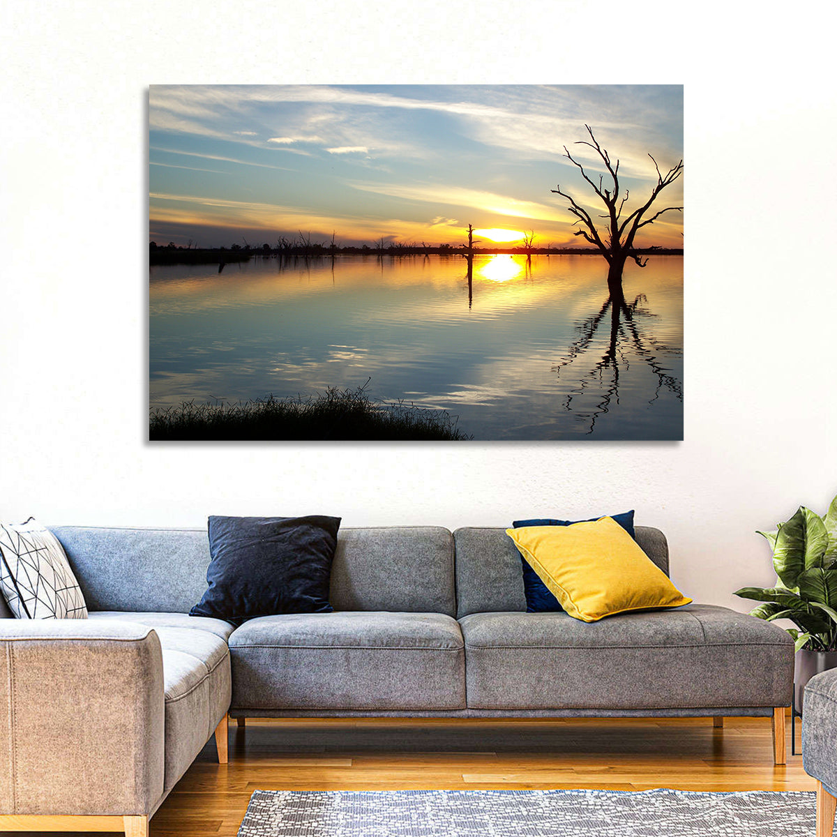 Murray River Sunset Reflection Wall Art in a room, landscape