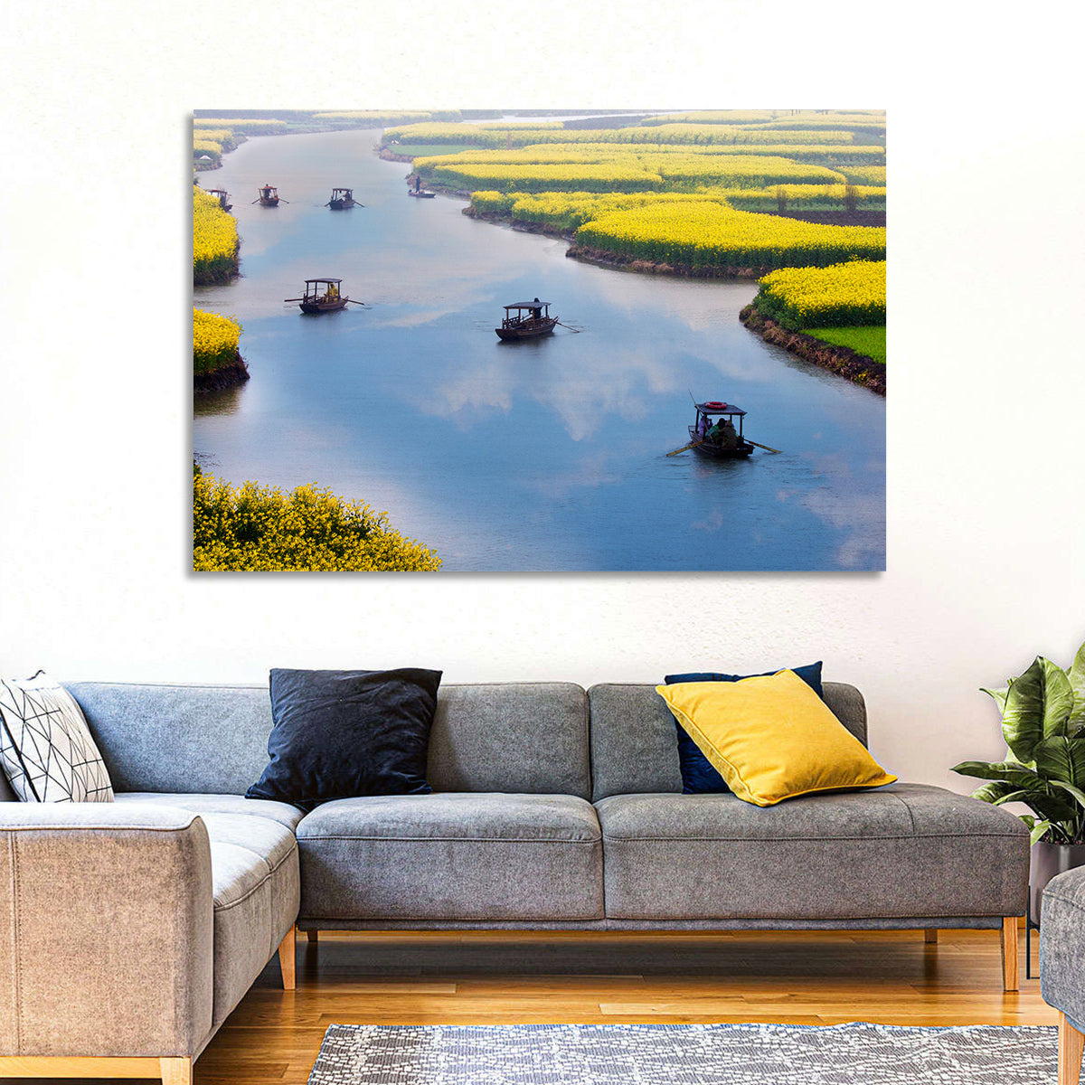 Spring River Rowboats in Rapeseed Fields Wall Art in a room, landscape