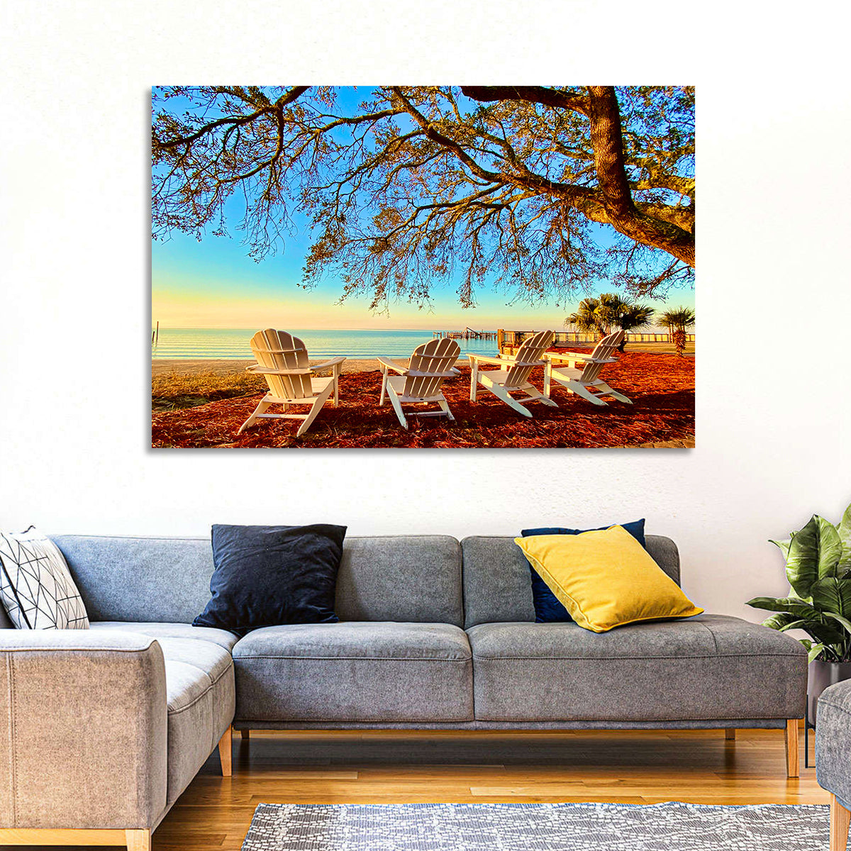 Mobile Bay Adirondack Chairs at Sunrise Wall Art in a room, landscape