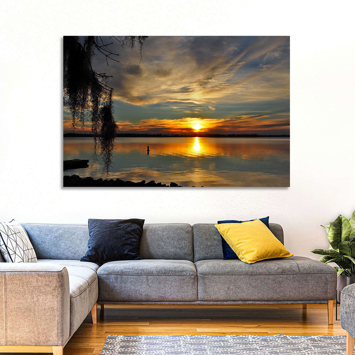 Lake Seminole Sunset Reflection Wall Art in a room, landscape