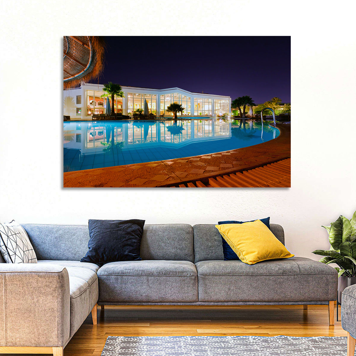 Moonlit Resort Pool Reflection Wall Art in a room, landscape