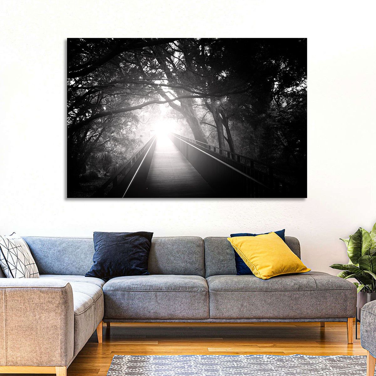 Foggy Forest Bridge Wall Art in a room, landscape