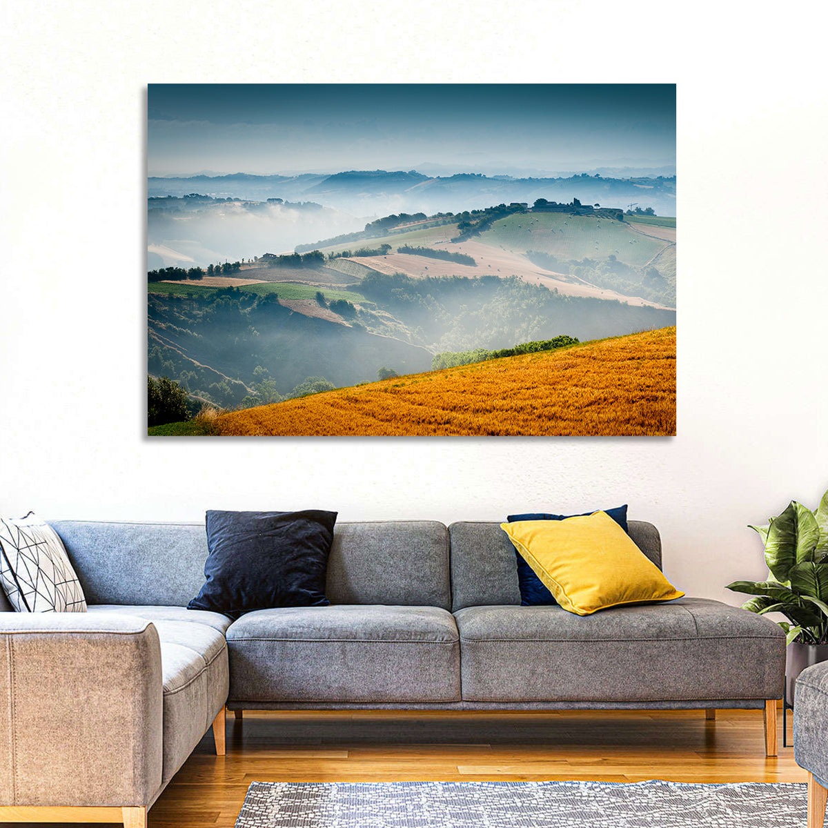 Morning Mist Over Tuscany Wall Art in a room, landscape