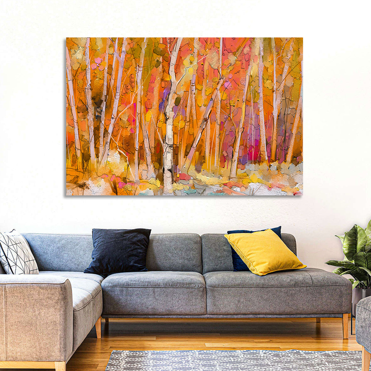 Autumn Birch Grove Painting Wall Art in a room, landscape