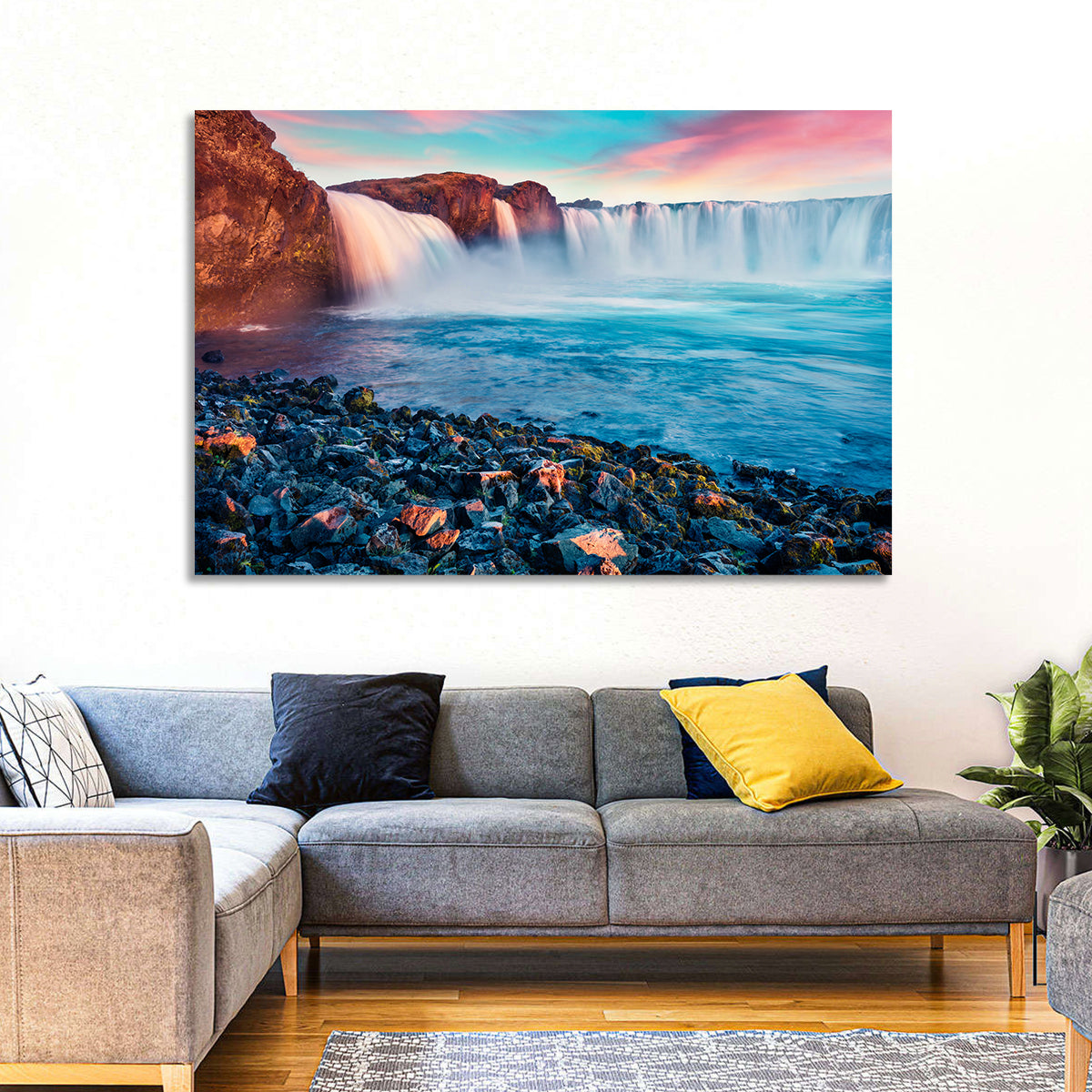 Goðafoss Waterfall at Sunset Wall Art in a room, landscape