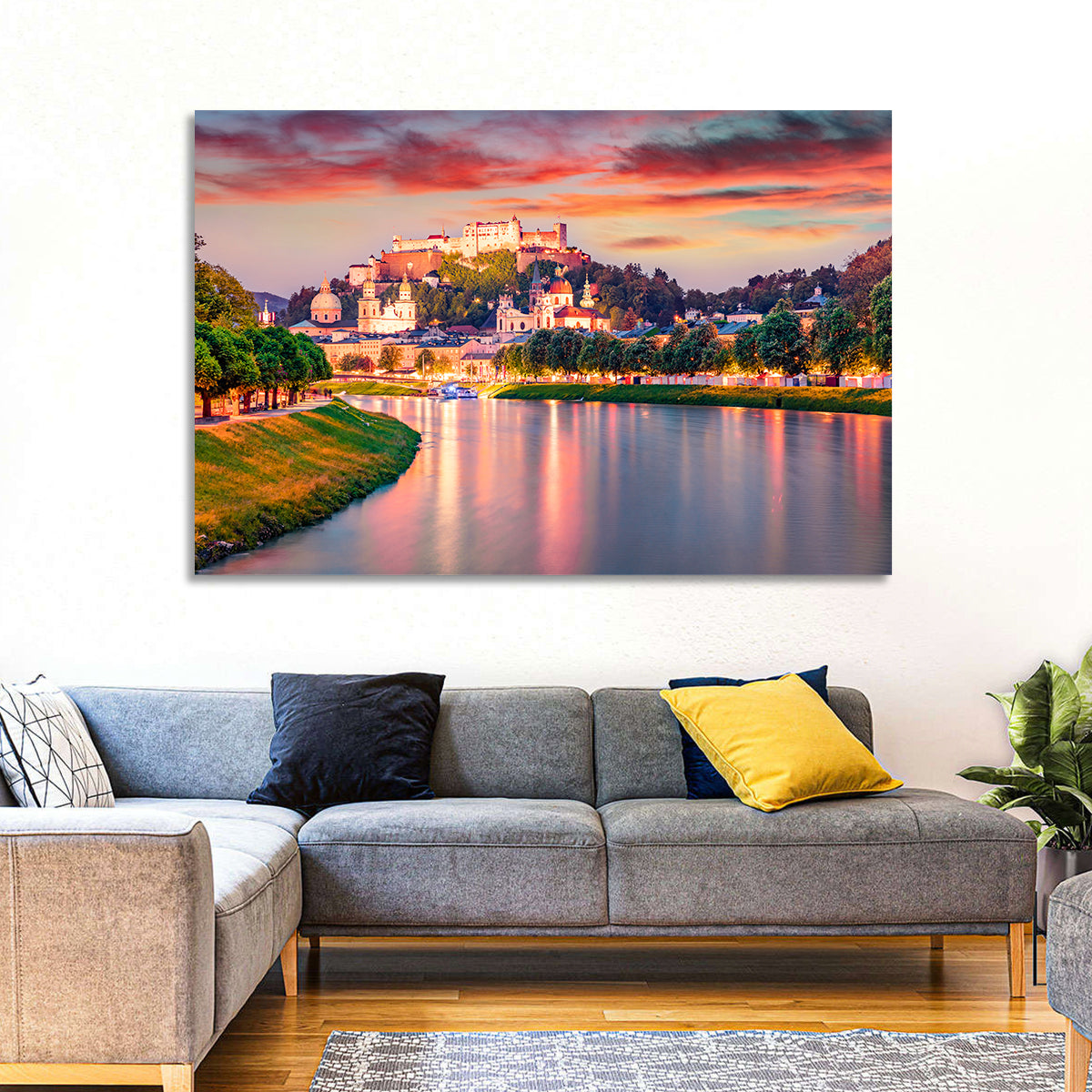 Hohensalzburg Fortress at Sunset Wall Art in a room, landscape