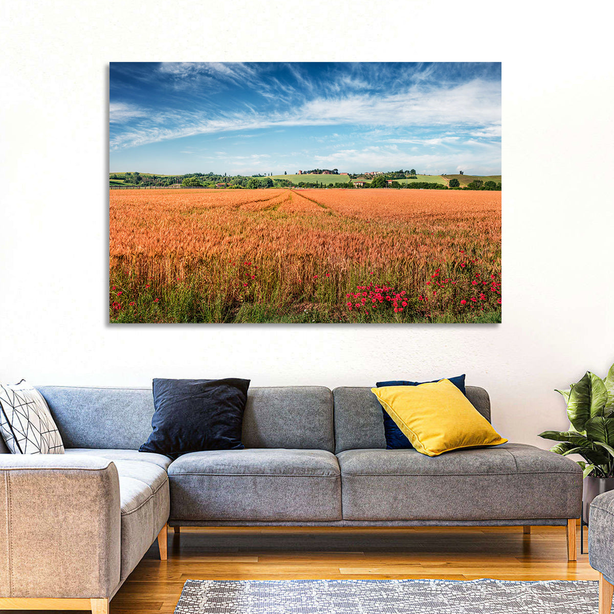 Golden Wheat Field with Poppies Wall Art in a room, landscape