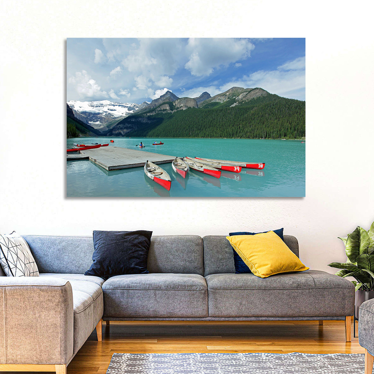 Red Canoes at Lake Louise Wall Art in a room, landscape