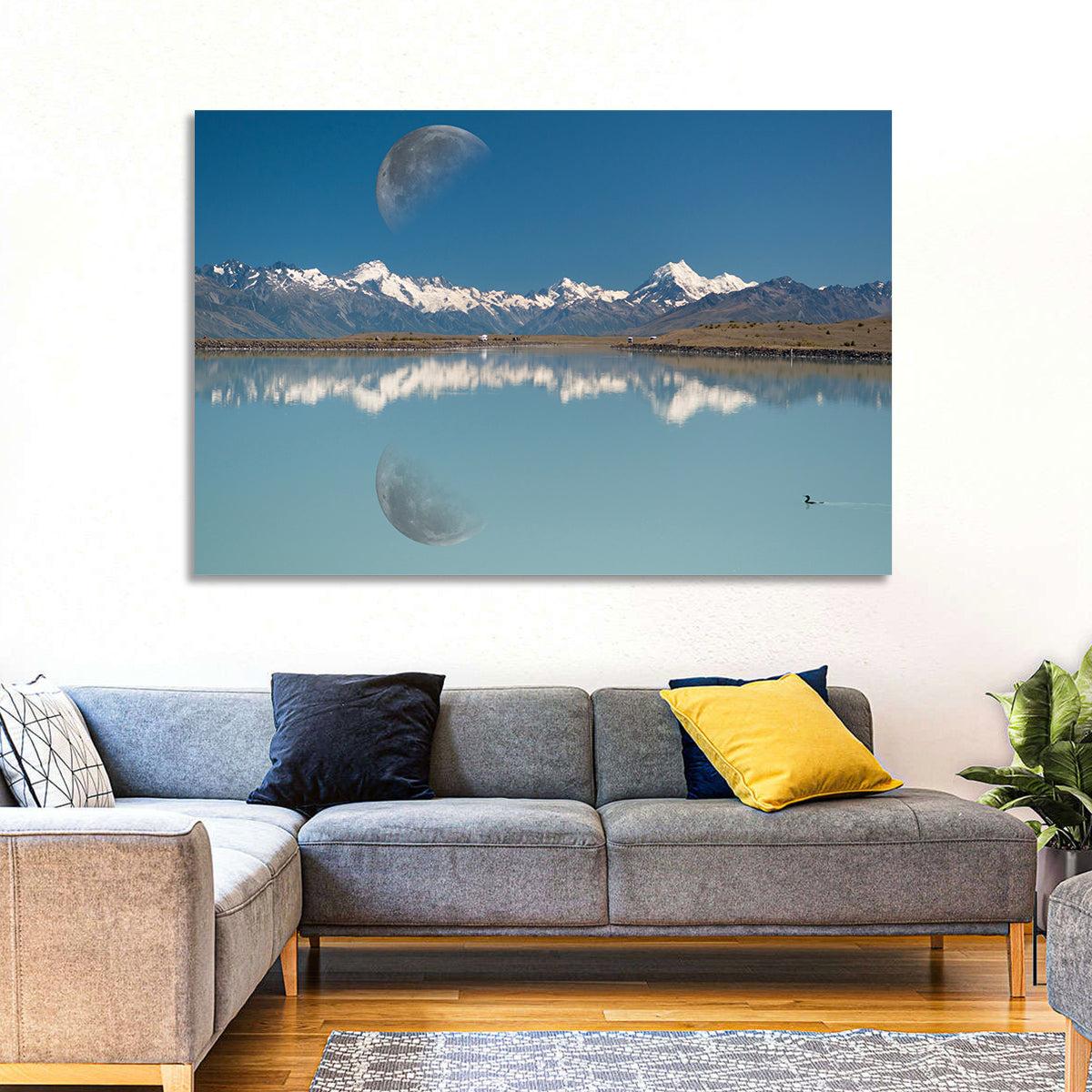 Moon Over Mt Cook and Lake Pukaki Wall Art in a room, landscape