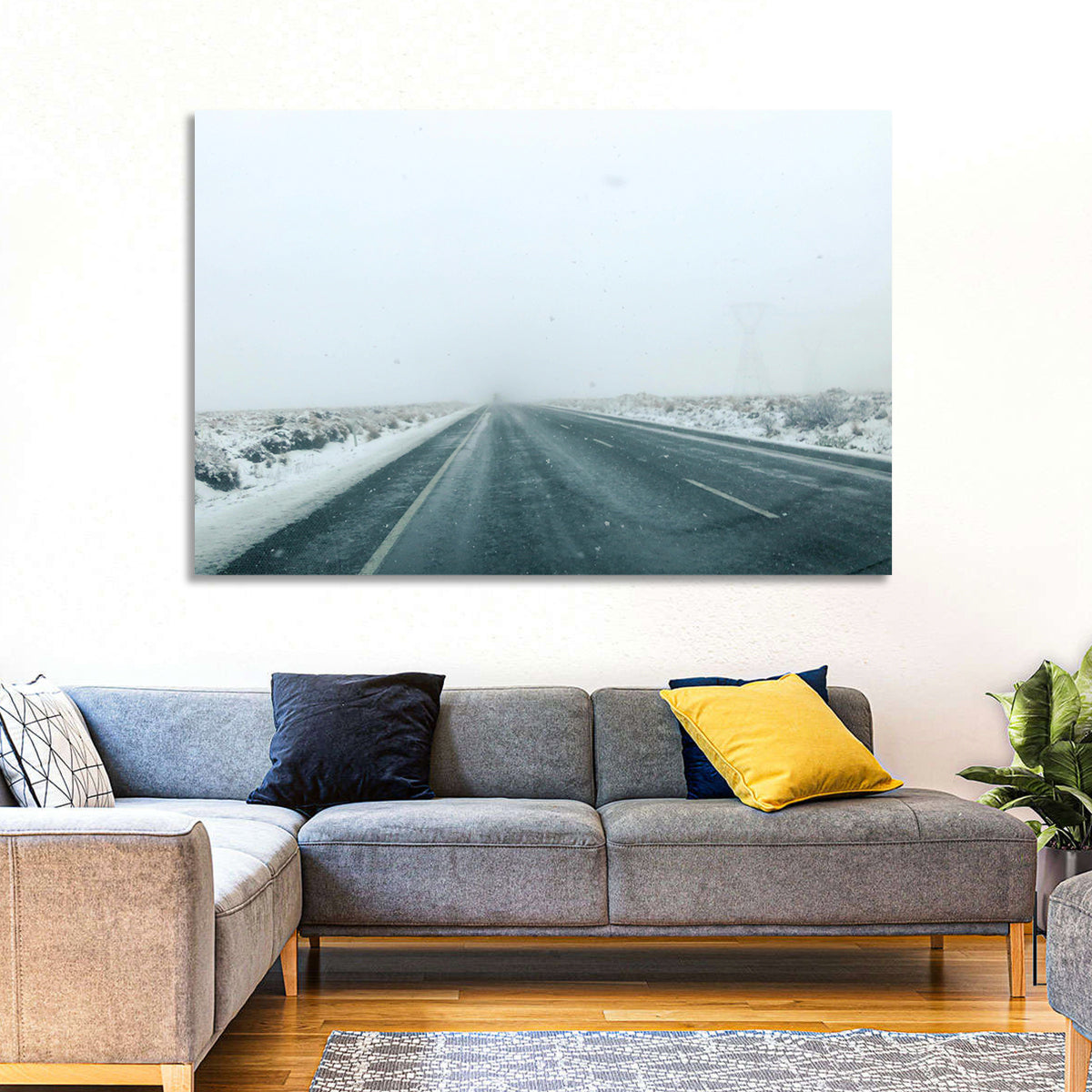 Foggy Winter Mountain Road Wall Art in a room, landscape