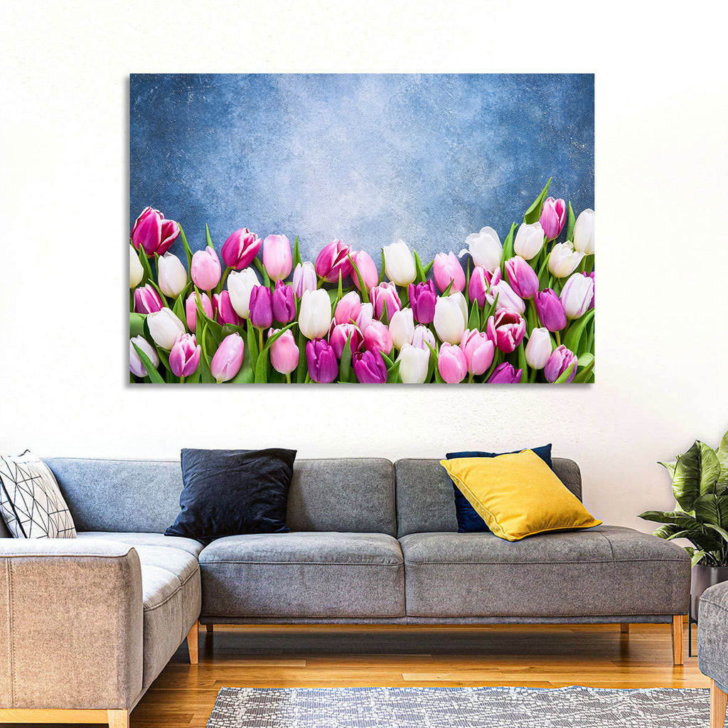 Tulips on Textured Blue Wall Art