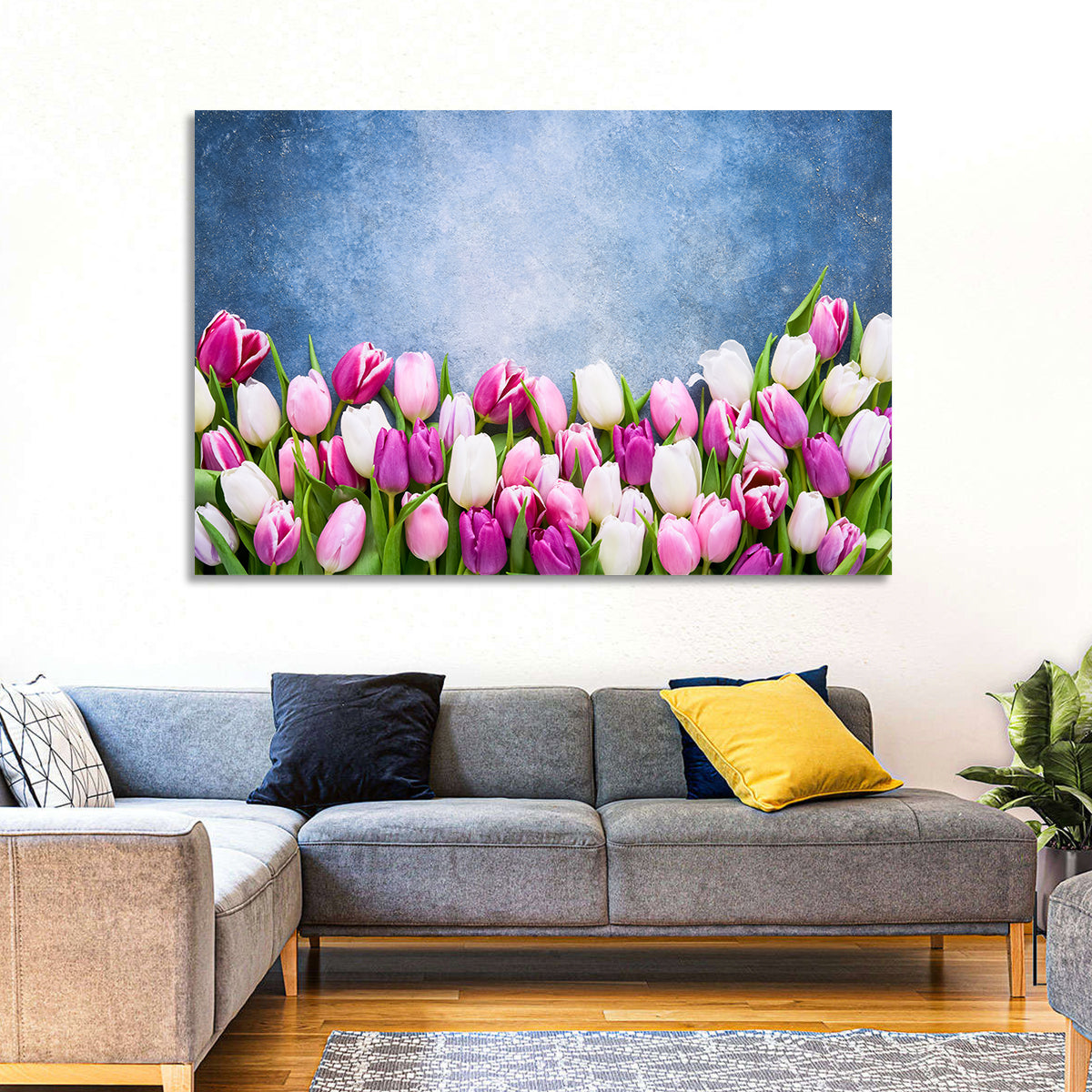 Tulips on Textured Blue Wall Art in a room, landscape