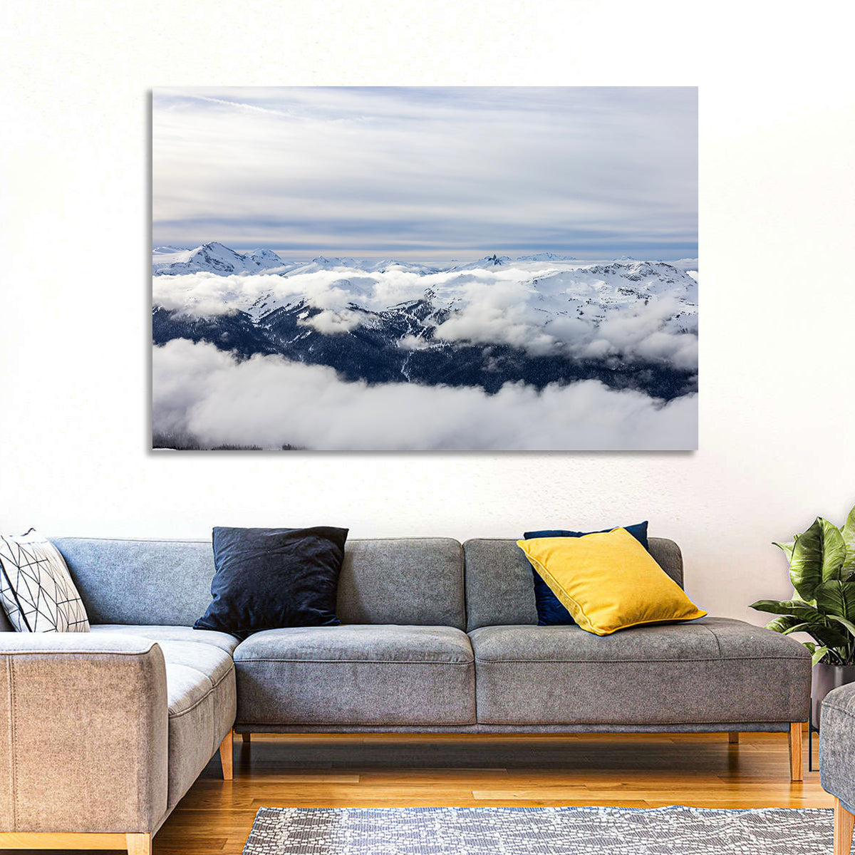 Snow-capped Whistler Peaks Wall Art in a room, landscape