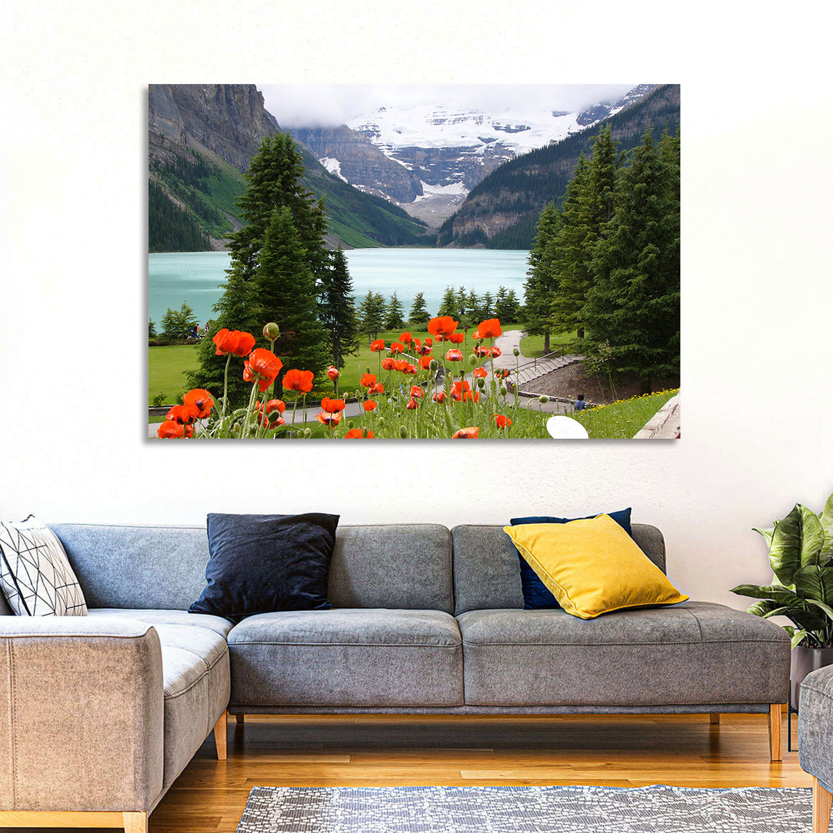 Lake Louise Poppies Wall Art in a room, landscape