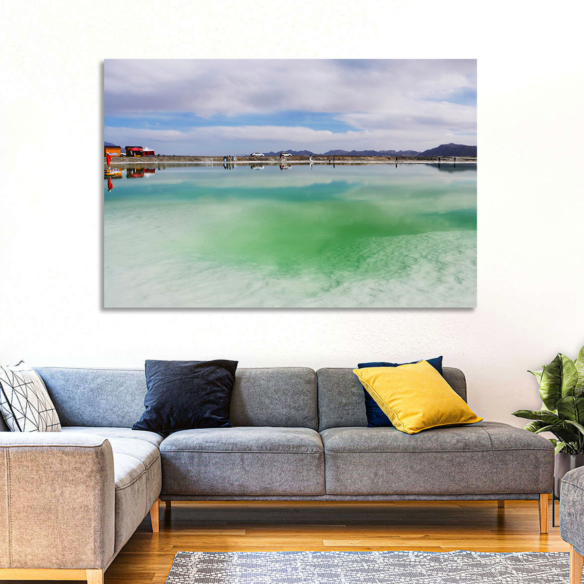 Emerald Salt Lake Wall Art in a room, landscape