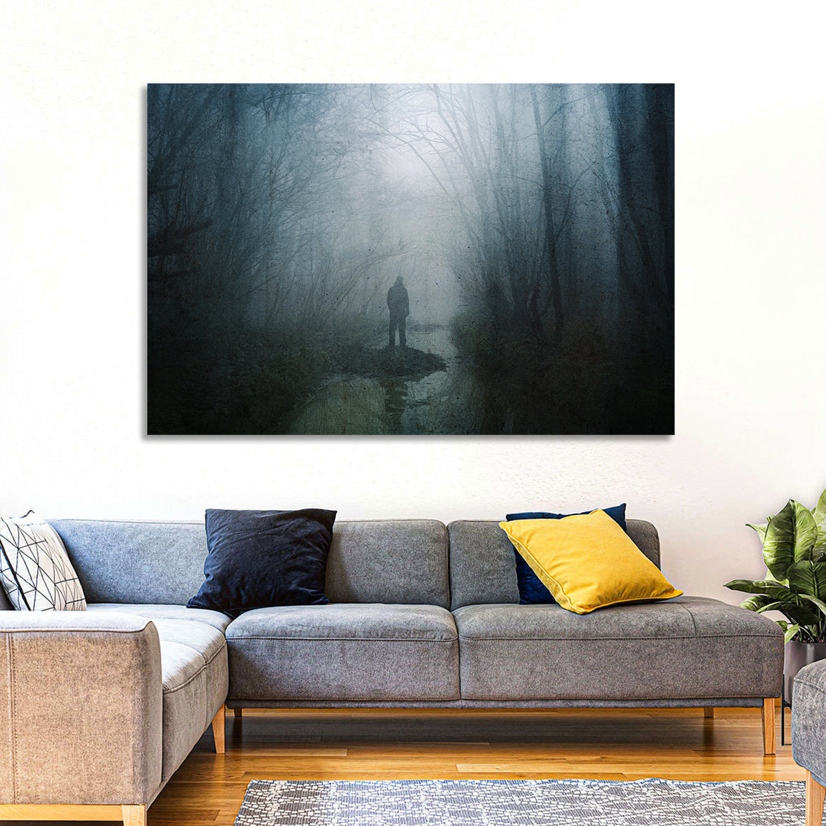 Foggy Forest Pathway Wall Art in a room, landscape