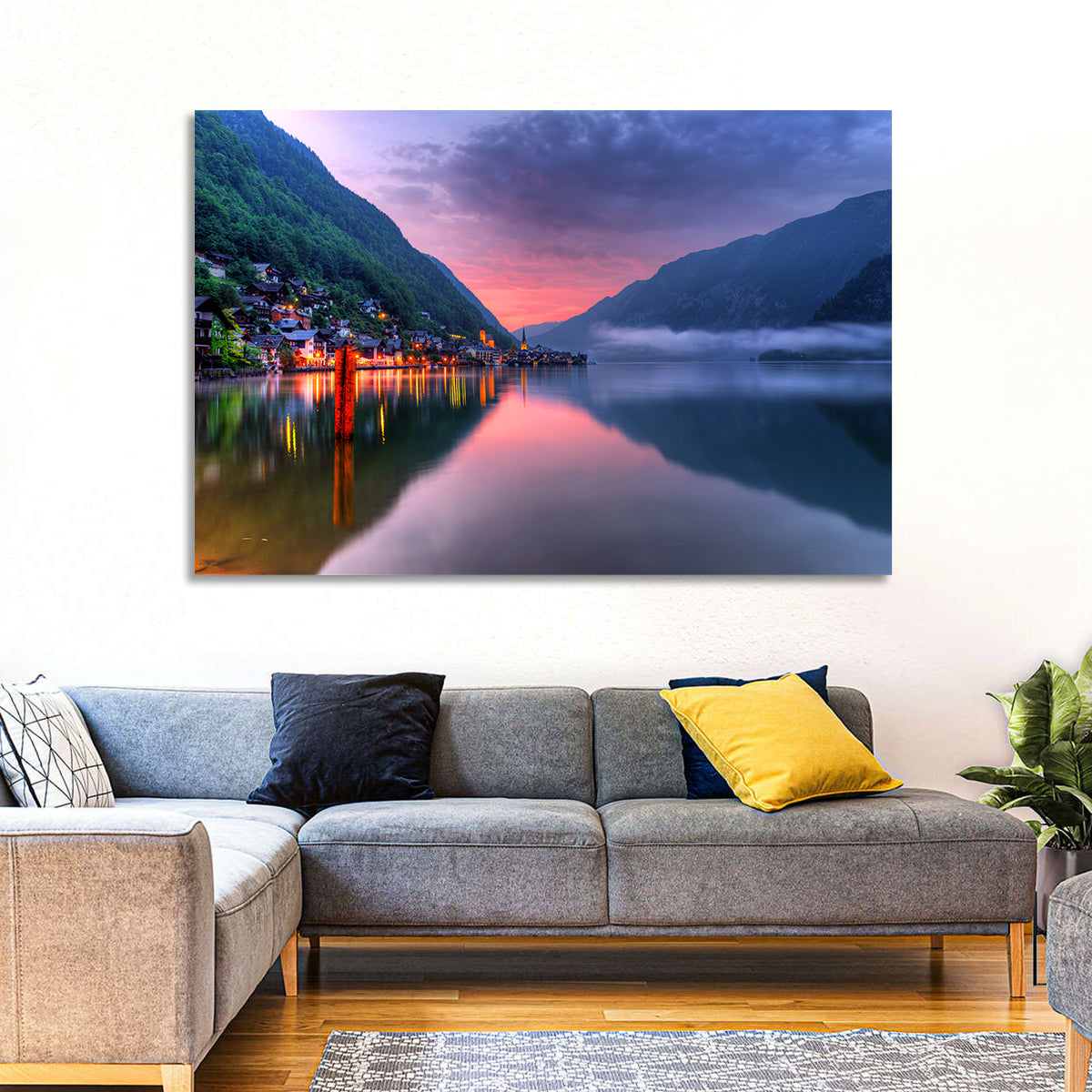 Hallstatt Mountain Village Wall Art in a room, landscape