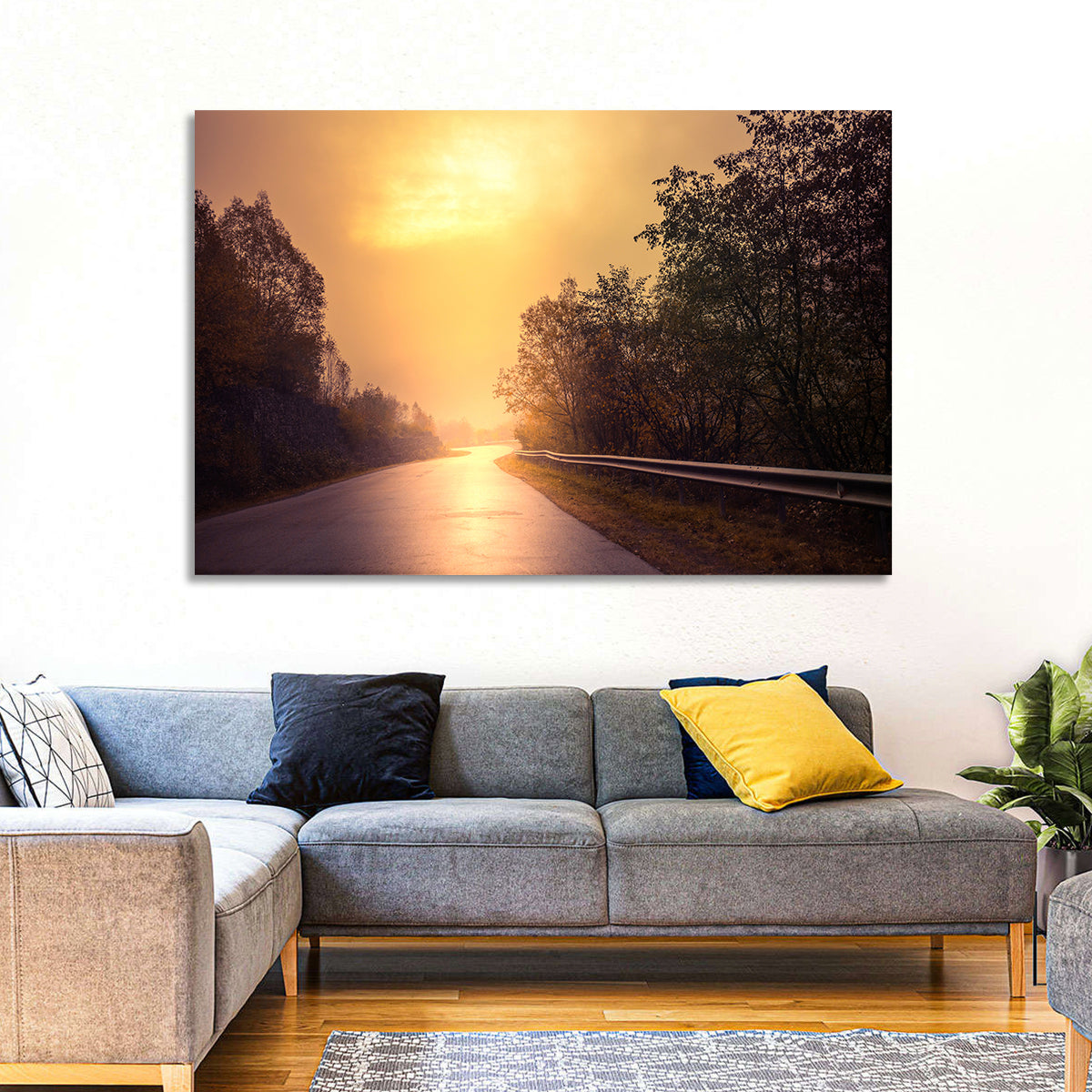 Windy Misty Forest Road Wall Art in a room, landscape