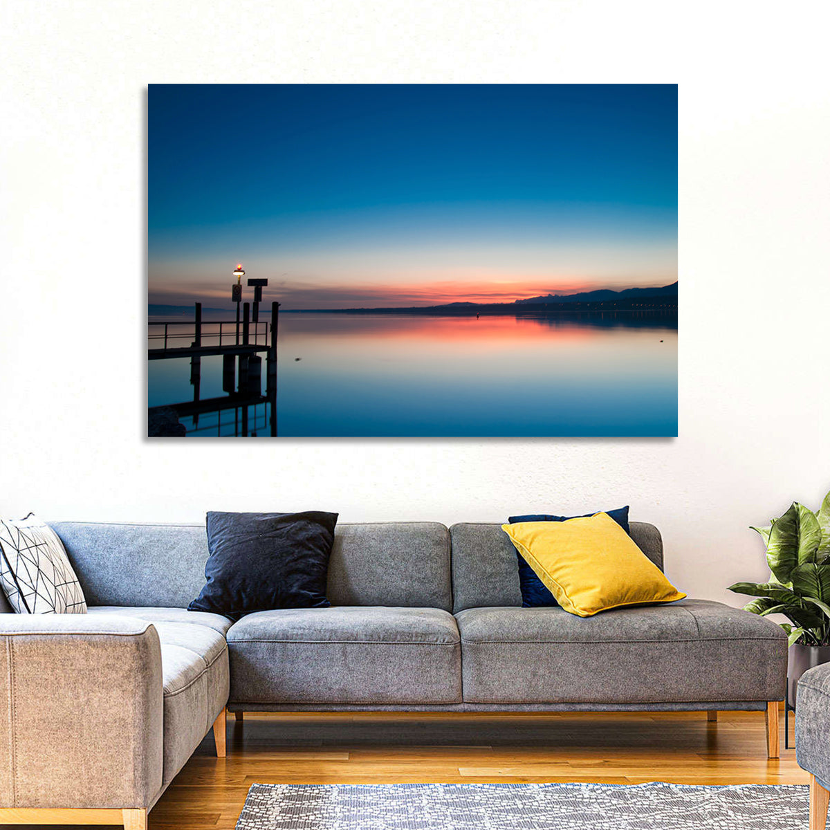 Lake Geneva Sunrise Pier Wall Art in a room, landscape